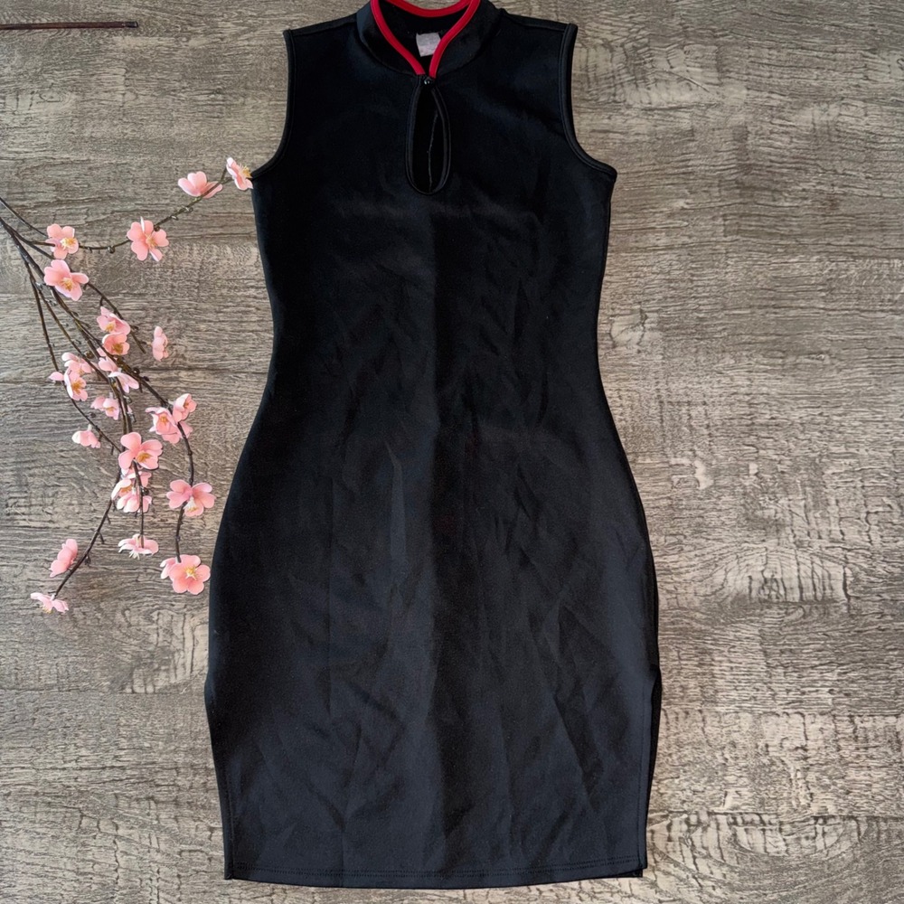 Black Red Mandarin Collar Mini Dress Y2K Keyhole Bodycon Sleeveless